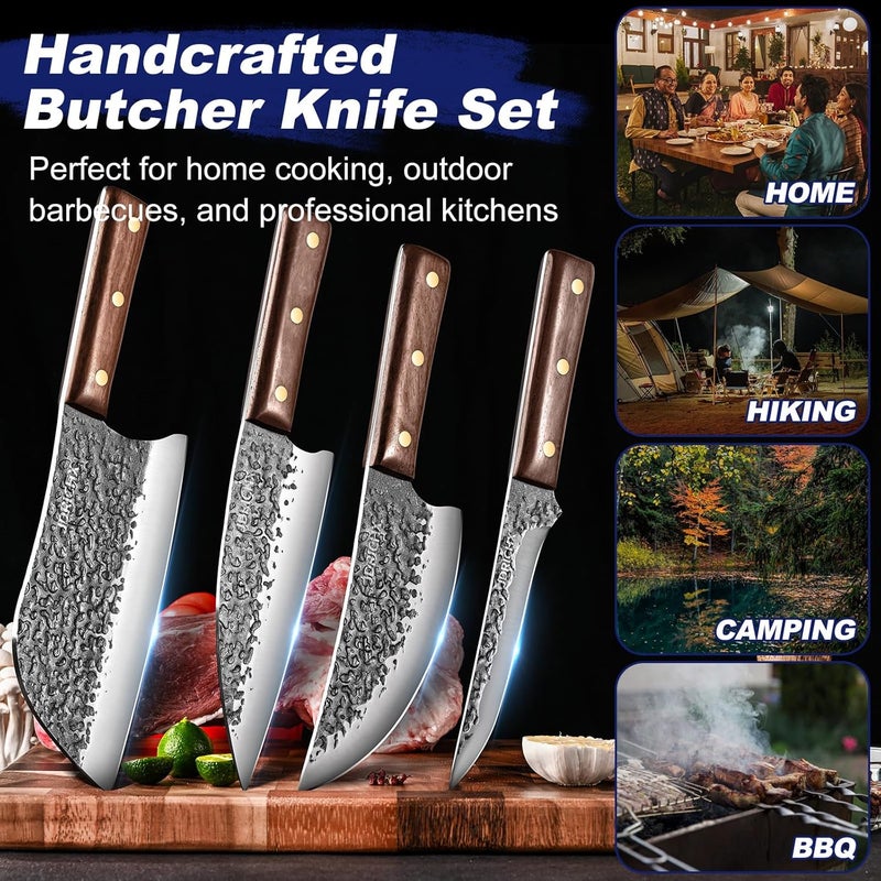 JDRICHX Butcher Knife Set,4 PCS Heavy Duty Hand Forged Serbian Chef Knife Meat Cleaver Boning Viking Knife Set-Full Tang High Carbon Steel for Home Cooking Outdoor BBQ Camping Gift Idea - Image 3